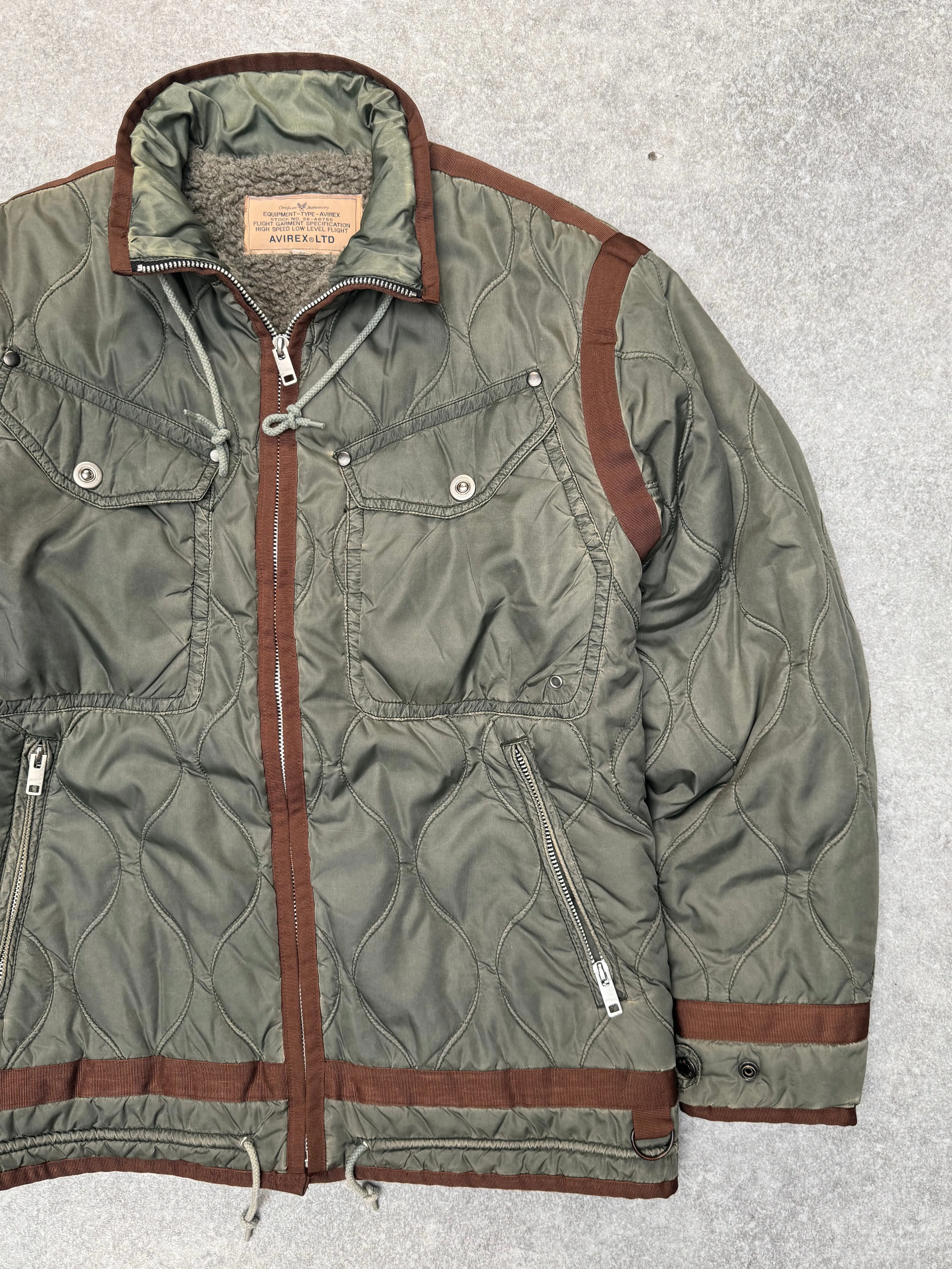1990s Avirex Fleece Lined Quilted Khaki Flight Jacket