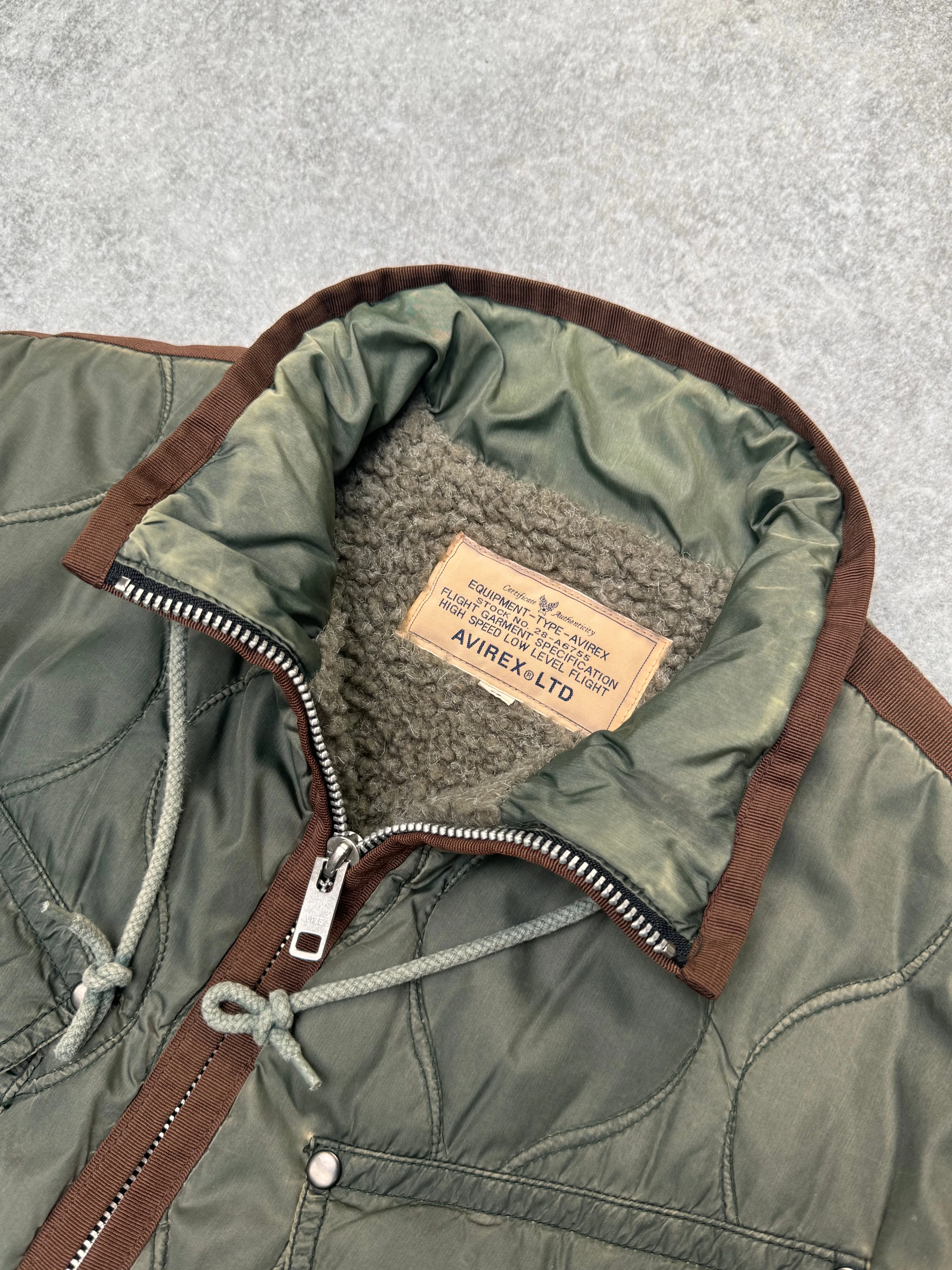 1990s Avirex Fleece Lined Quilted Khaki Flight Jacket