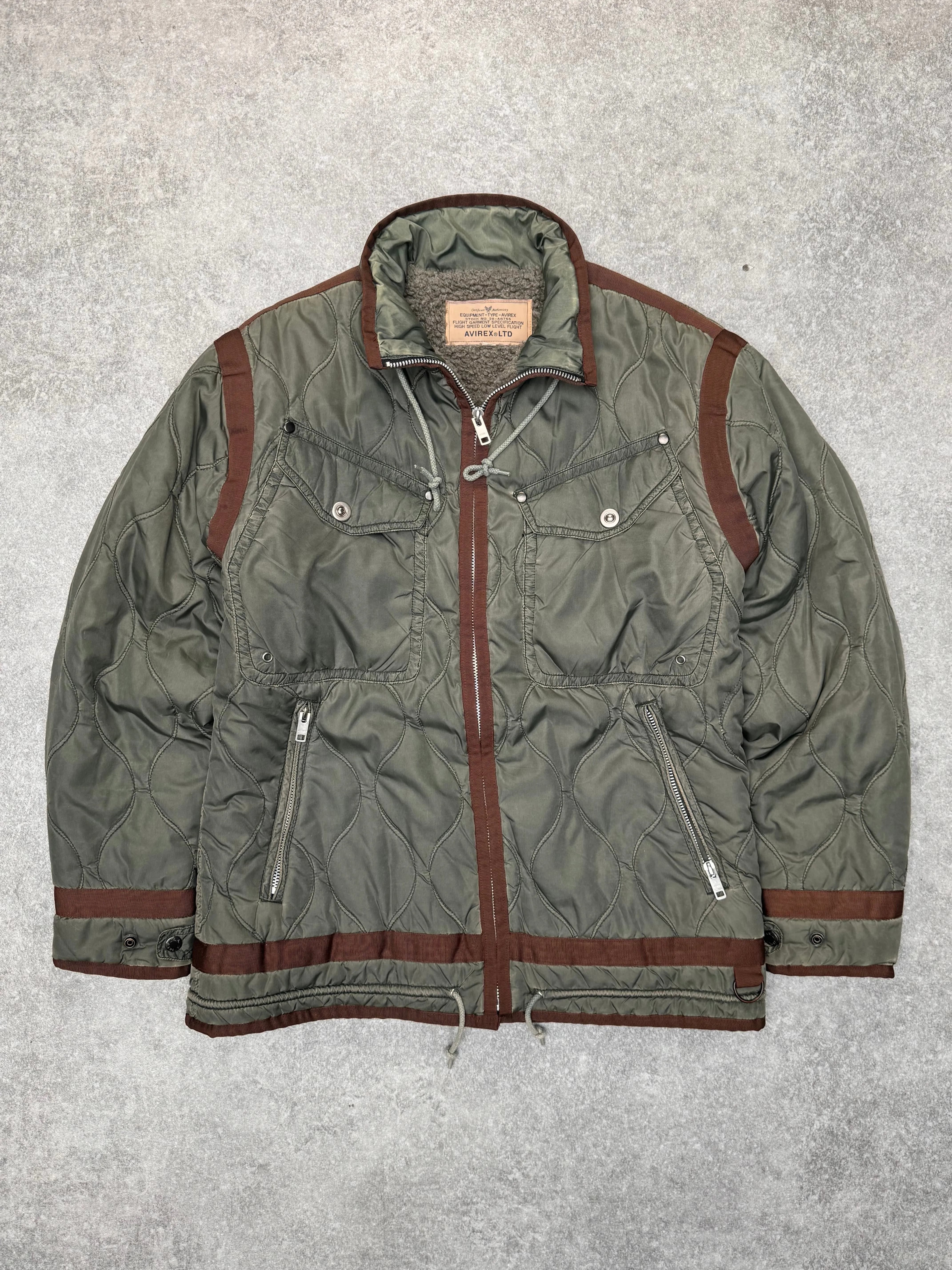 1990s Avirex Fleece Lined Quilted Khaki Flight Jacket