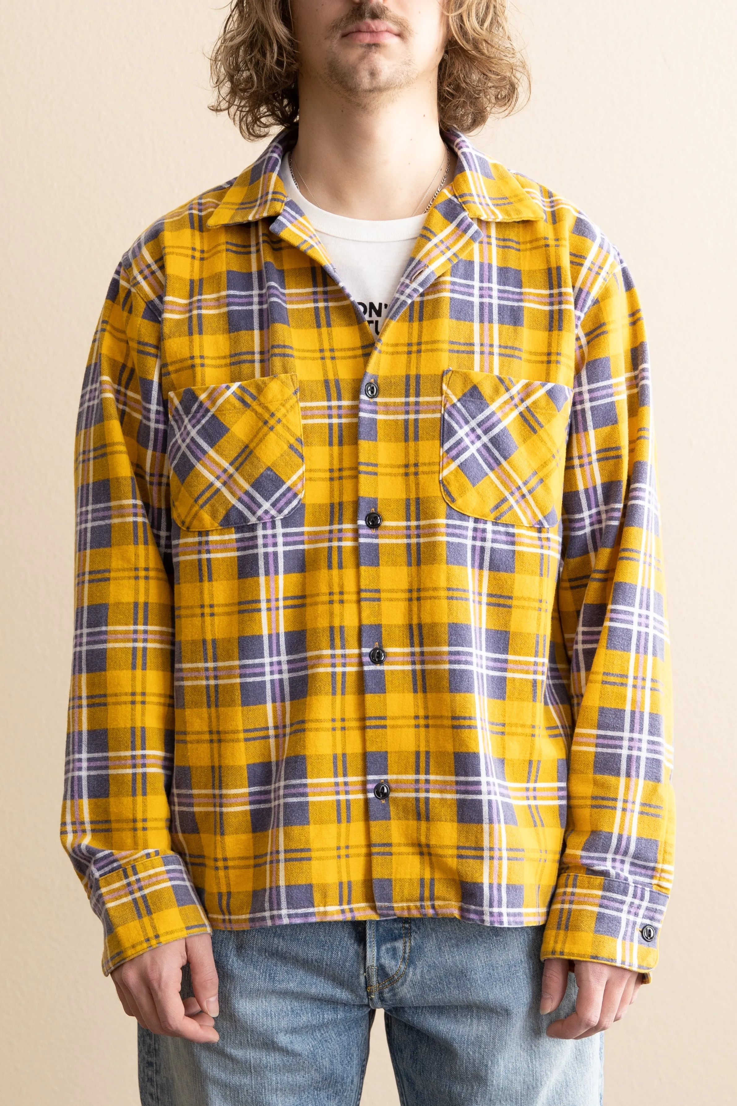 50s Plaid Straight Bottom Shirt - Yellow/Purple