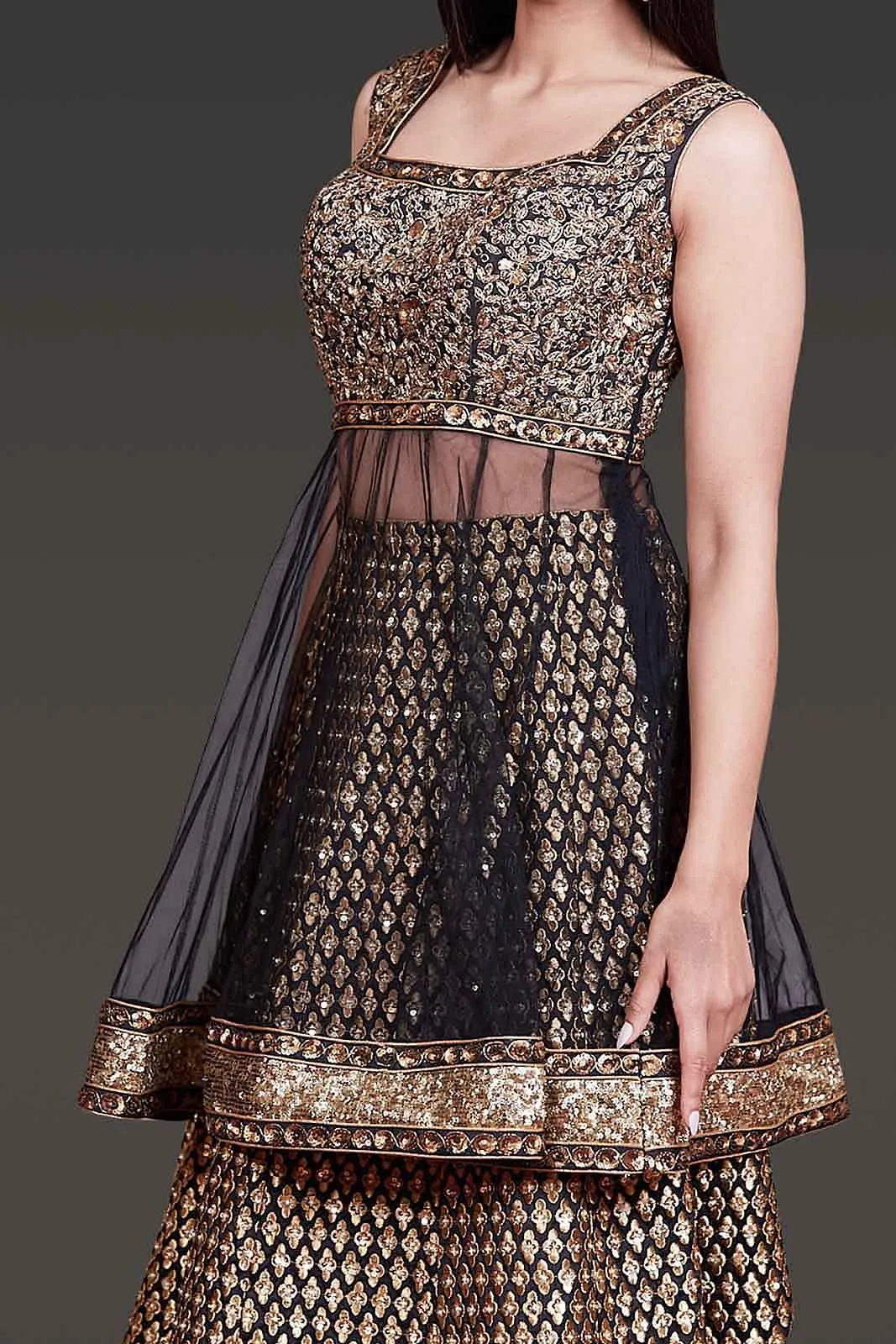 Black Net Peplum Silk Skirt and Net Dupatta with Gold Zari Embroidery