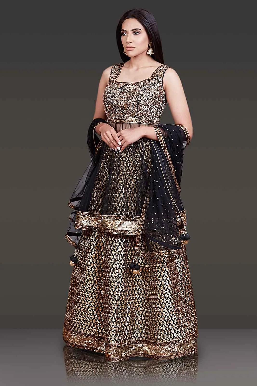 Black Net Peplum Silk Skirt and Net Dupatta with Gold Zari Embroidery