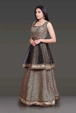 Black Net Peplum Silk Skirt and Net Dupatta with Gold Zari Embroidery