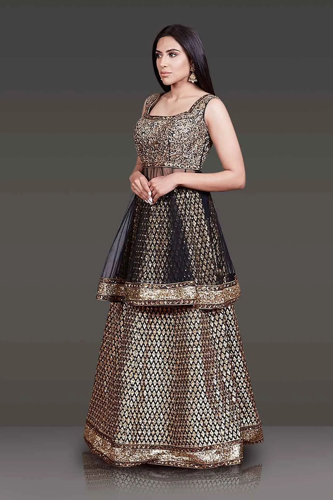 Black Net Peplum Silk Skirt and Net Dupatta with Gold Zari Embroidery
