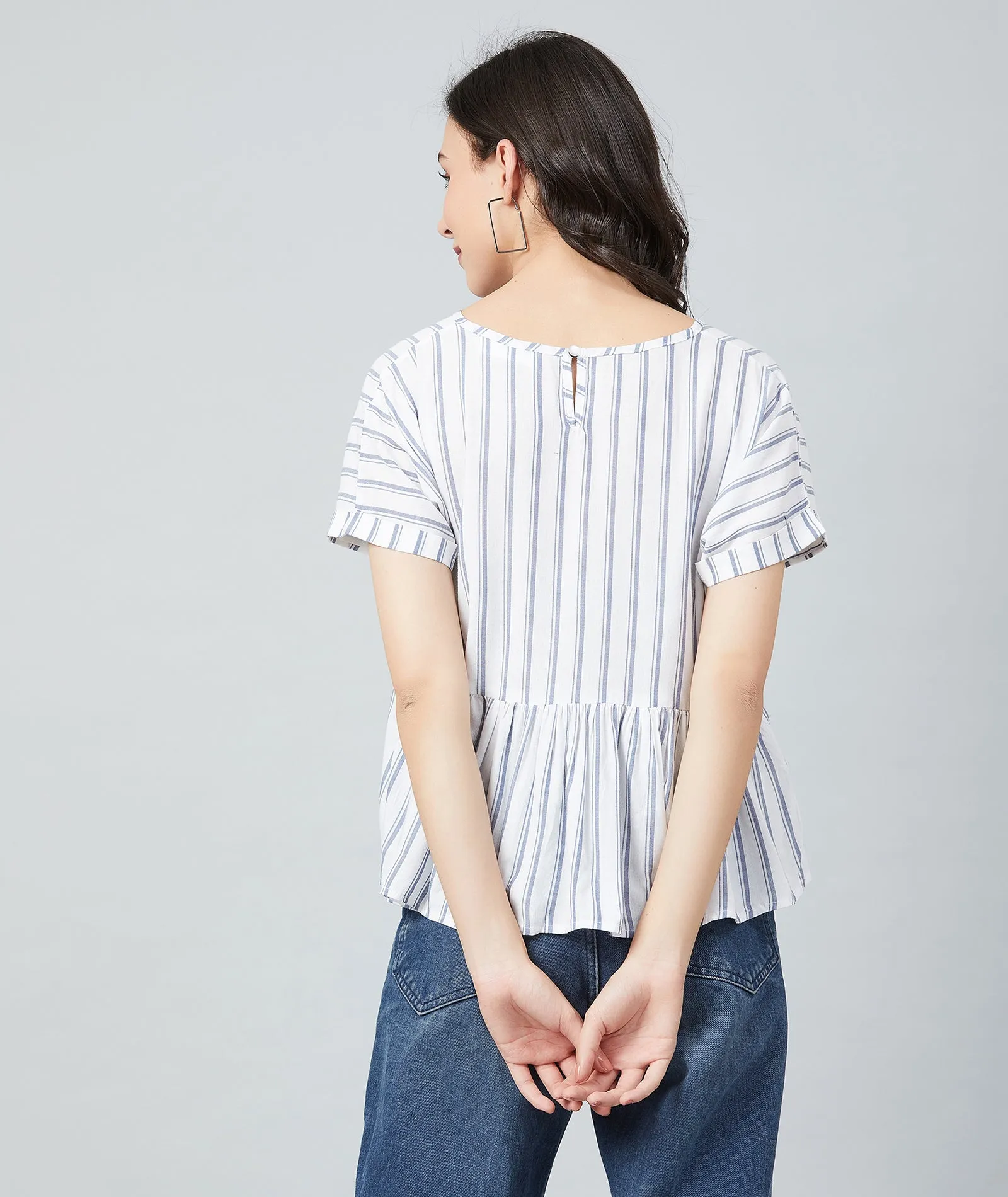 Chimpaaanzee Women White Double Stripe Frill Style Top
