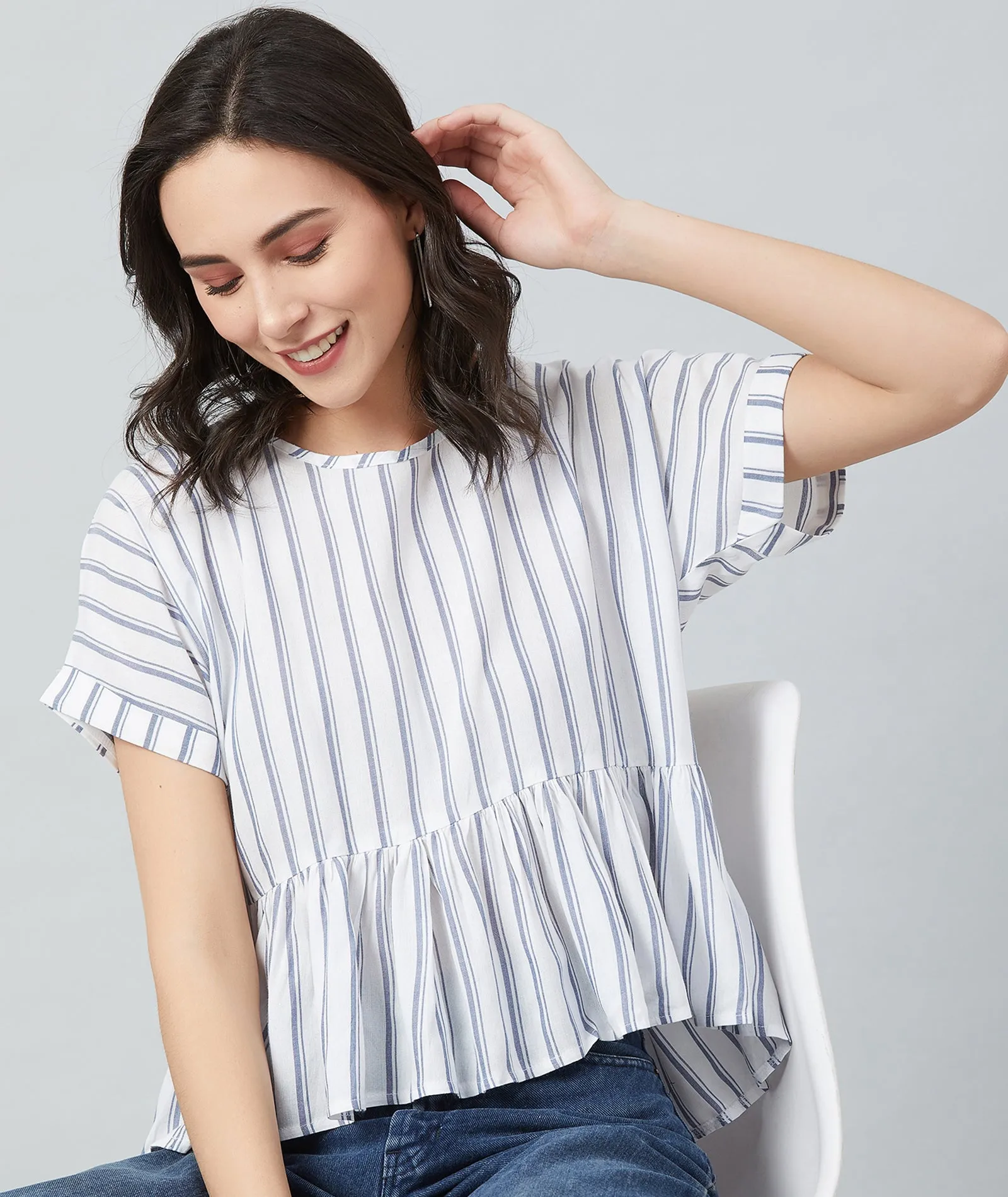 Chimpaaanzee Women White Double Stripe Frill Style Top