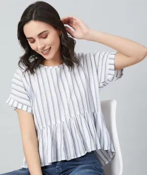 Chimpaaanzee Women White Double Stripe Frill Style Top