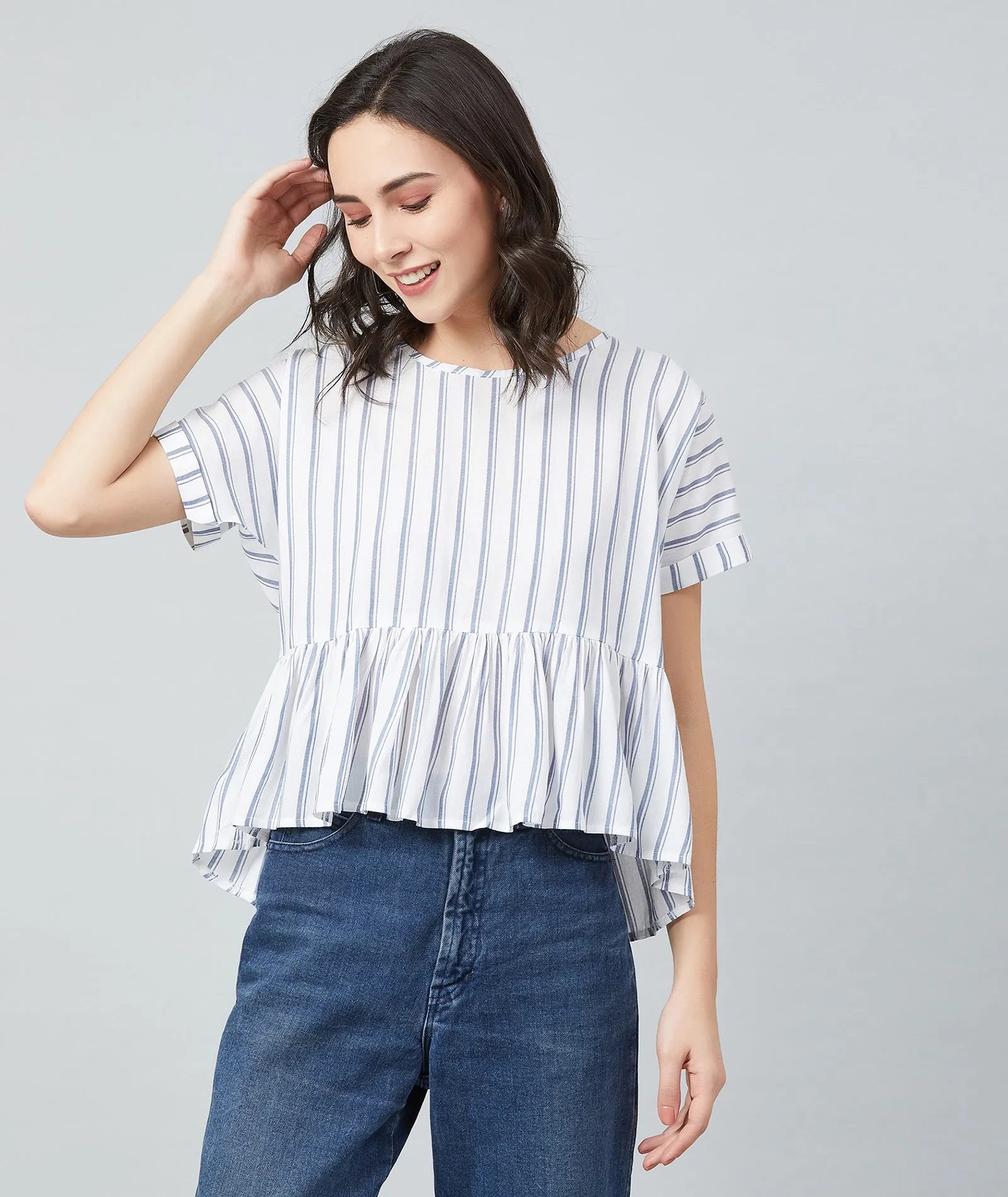 Chimpaaanzee Women White Double Stripe Frill Style Top