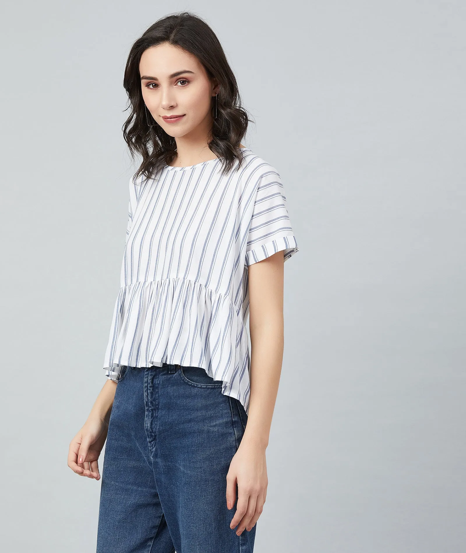 Chimpaaanzee Women White Double Stripe Frill Style Top