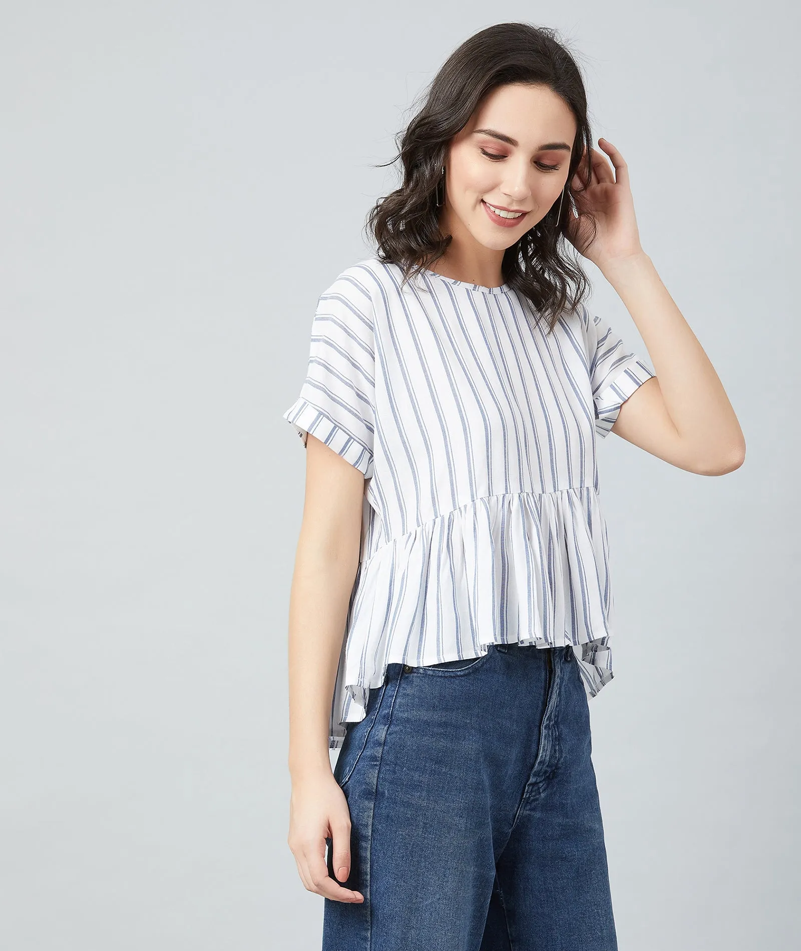 Chimpaaanzee Women White Double Stripe Frill Style Top