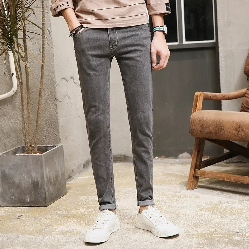 Light-Colored Jeans Men'S Small Feet Slim-Fit Pencil Casual Stretch Light Blue Trousers