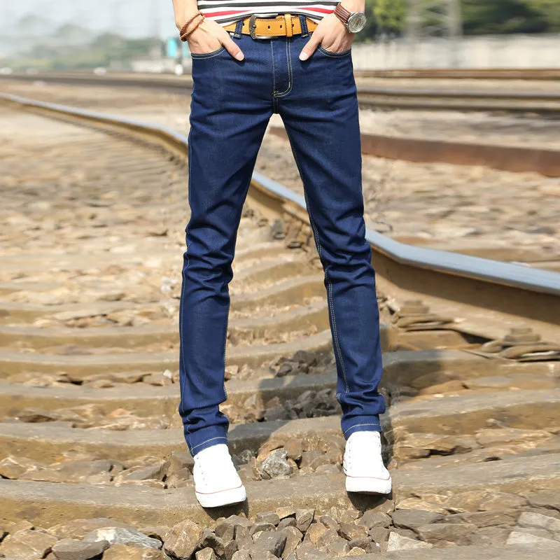 Light-Colored Jeans Men'S Small Feet Slim-Fit Pencil Casual Stretch Light Blue Trousers