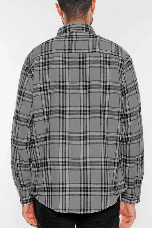 Men's Grey Flannel Plaid Long Sleeve Checkered Shirt