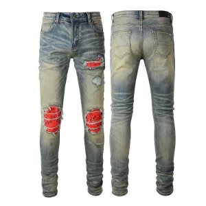 Men's Pleated Contrast Color Fit Jeans