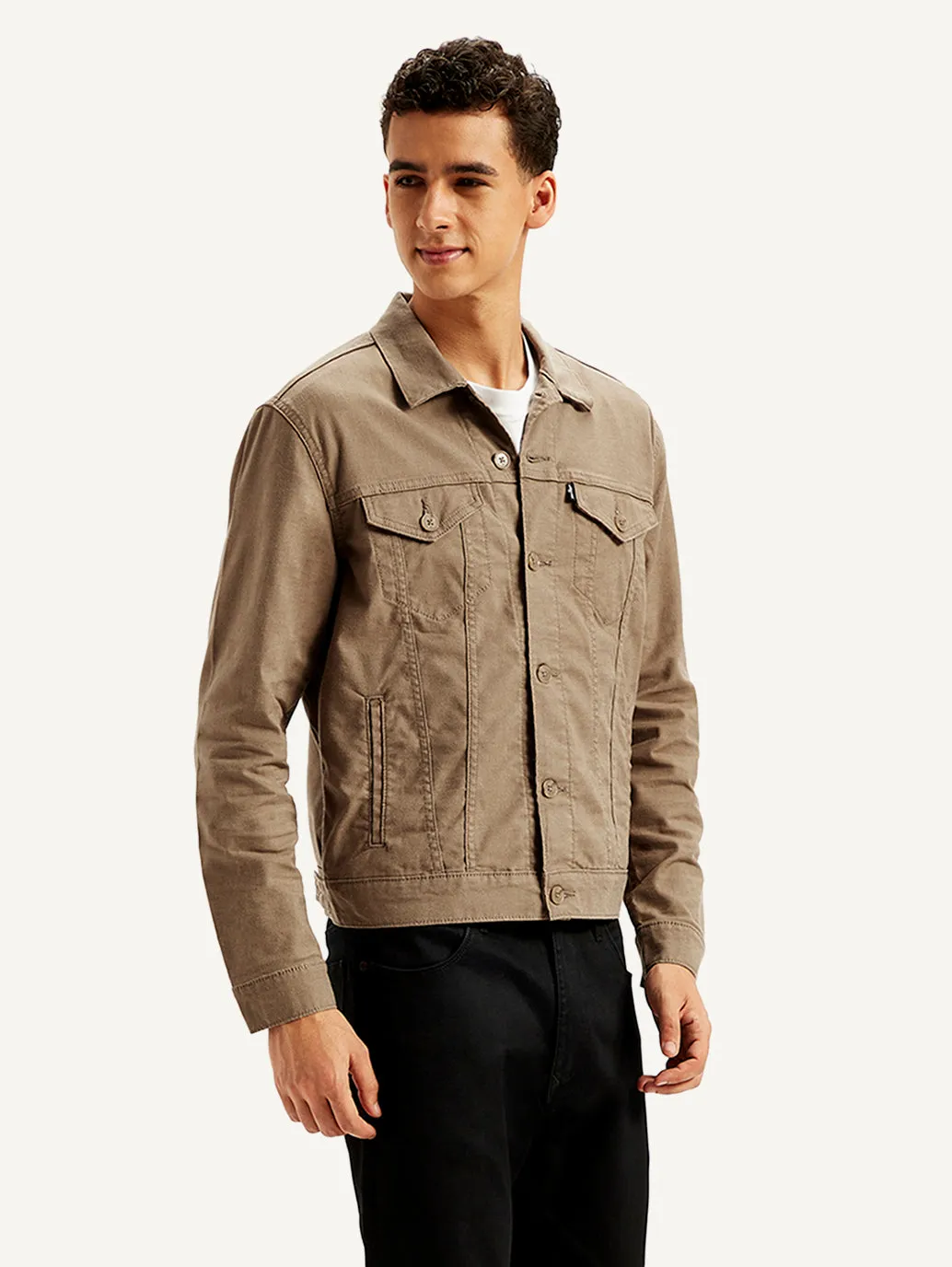 Men's Solid Light-Brown Spread Collar Trucker Jacket