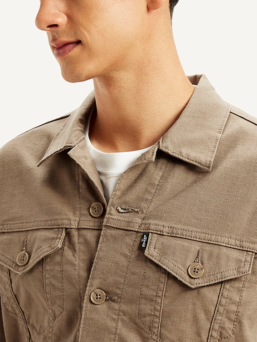 Men's Solid Light-Brown Spread Collar Trucker Jacket