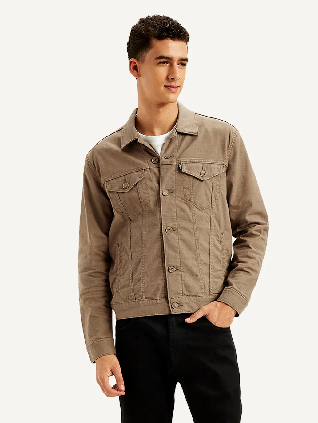 Men's Solid Light-Brown Spread Collar Trucker Jacket