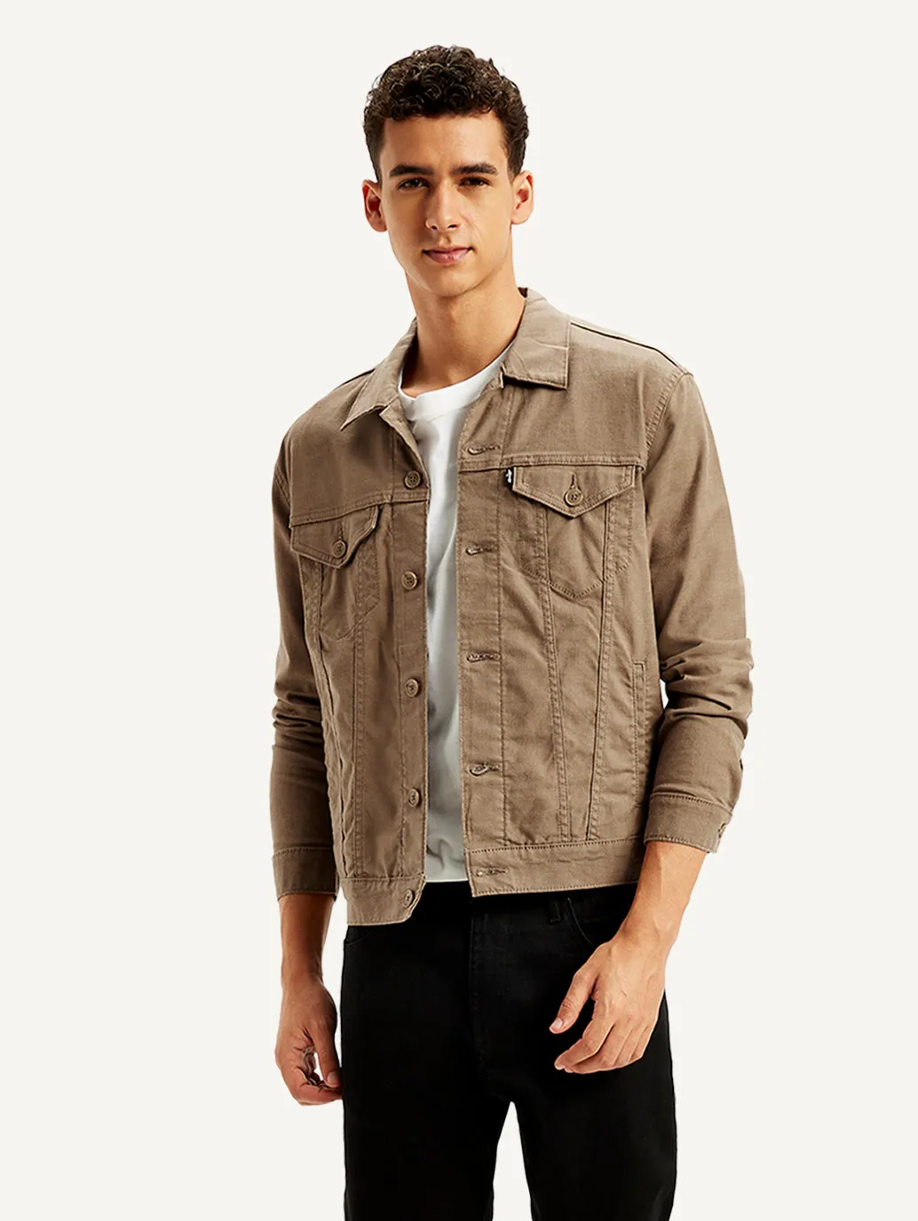 Men's Solid Light-Brown Spread Collar Trucker Jacket