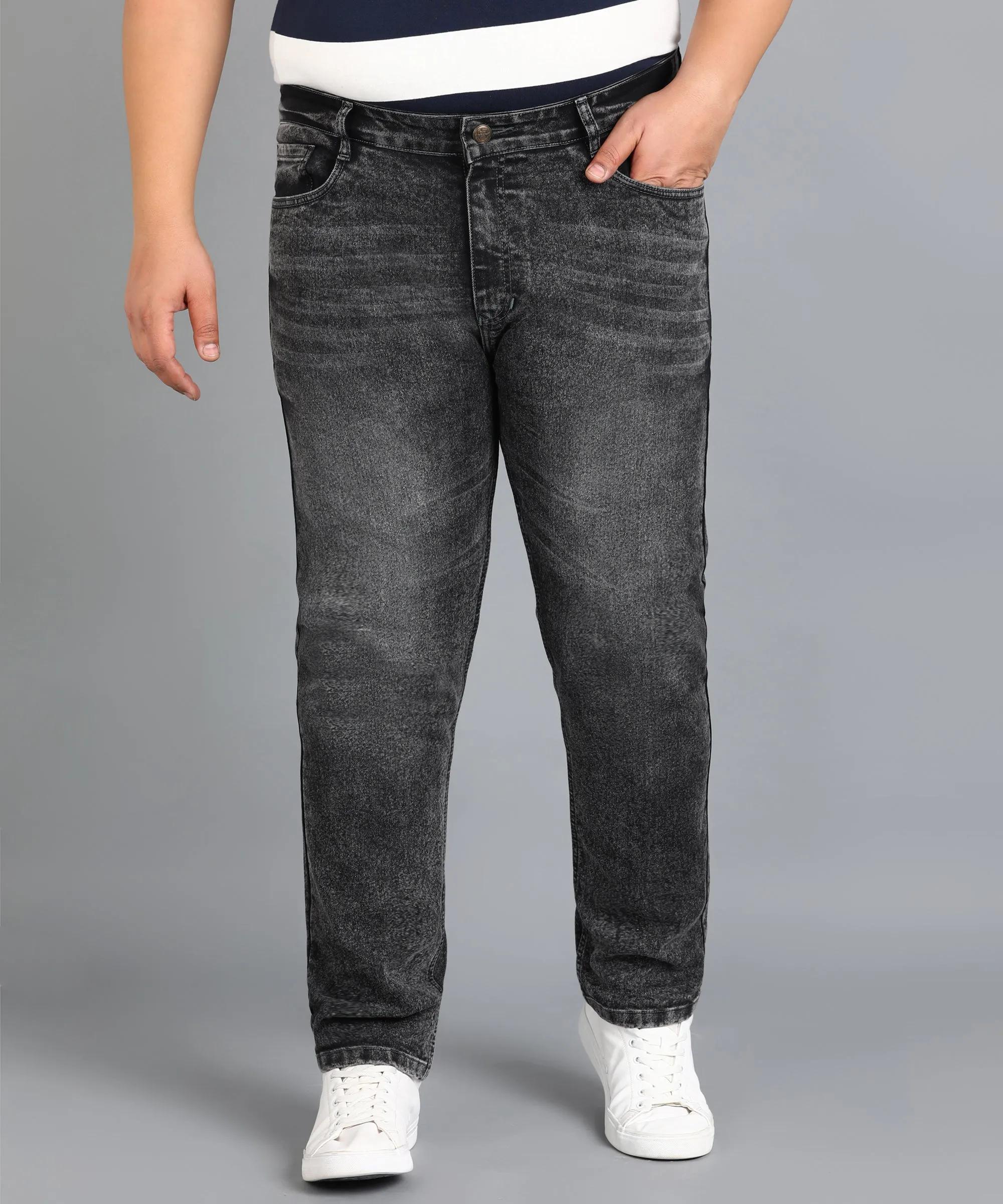 Plus Men's Grey Slim Fit Washed Jeans Stretchable