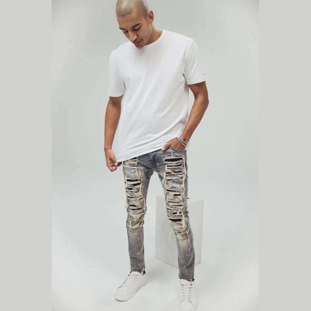 Sim Tapered Heavy Rip And Repaired Jeans - Chester Blue