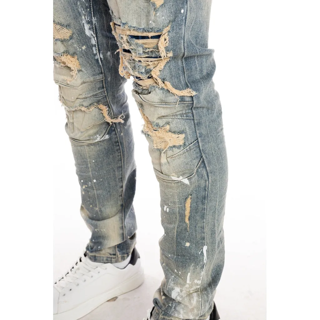 Sim Tapered Heavy Rip And Repaired Jeans - Chester Blue