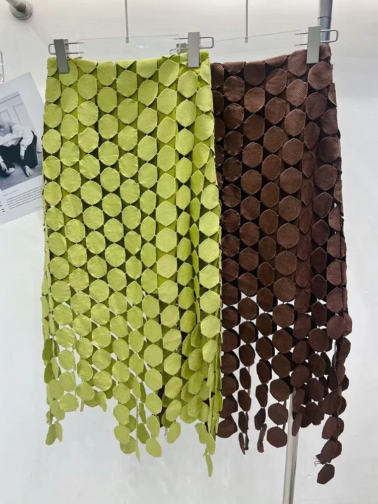Skirt Cut Out Skirt For Women High Waist Patchwork Tassel Irregular Hem Solid Midi Skirts Female Summer Clothing Style