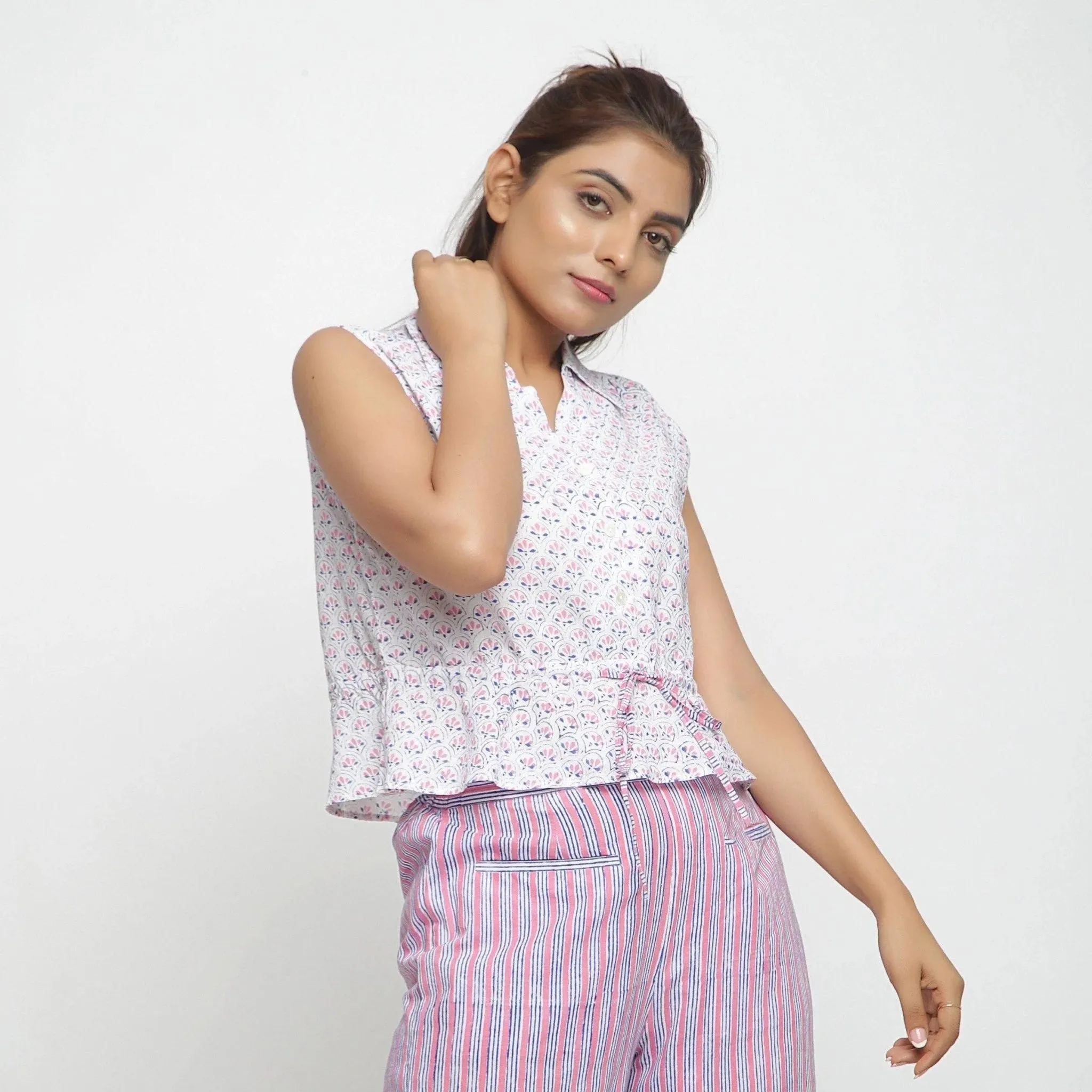 White Floral Block Printed Cotton Peplum Top