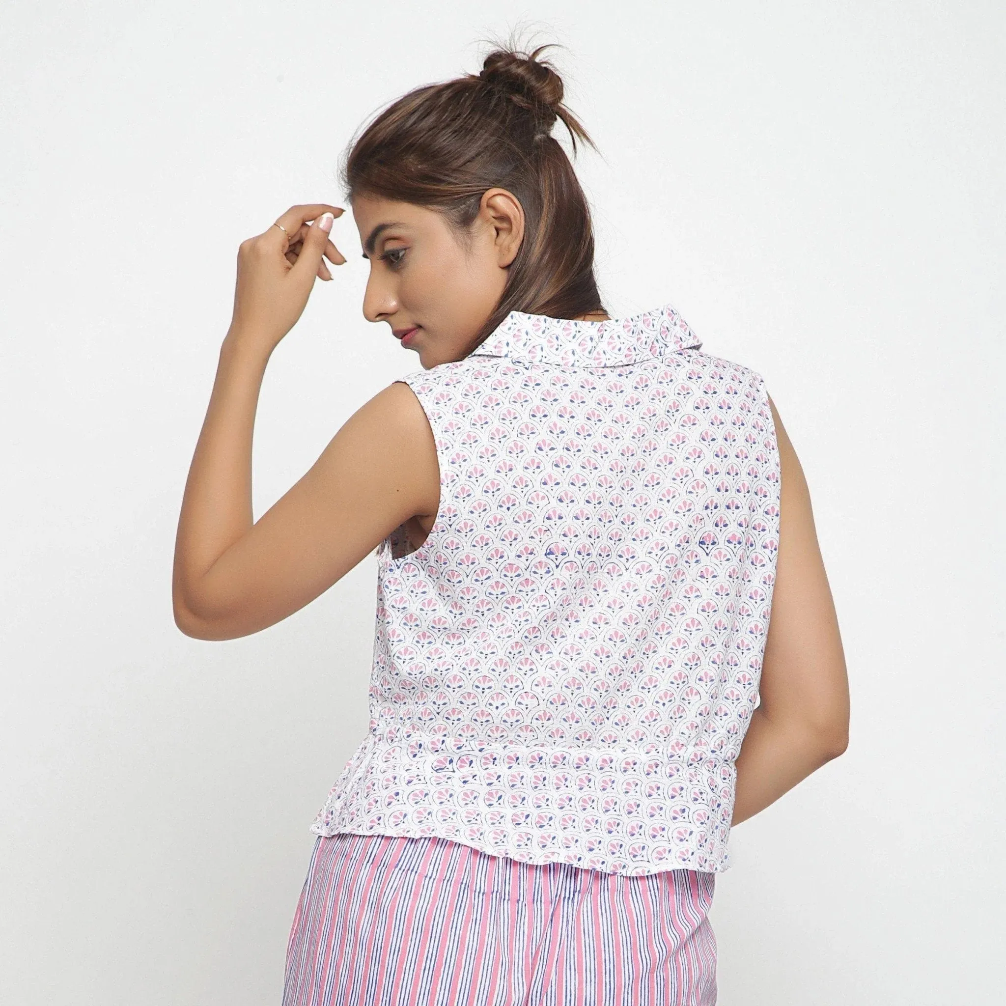 White Floral Block Printed Cotton Peplum Top