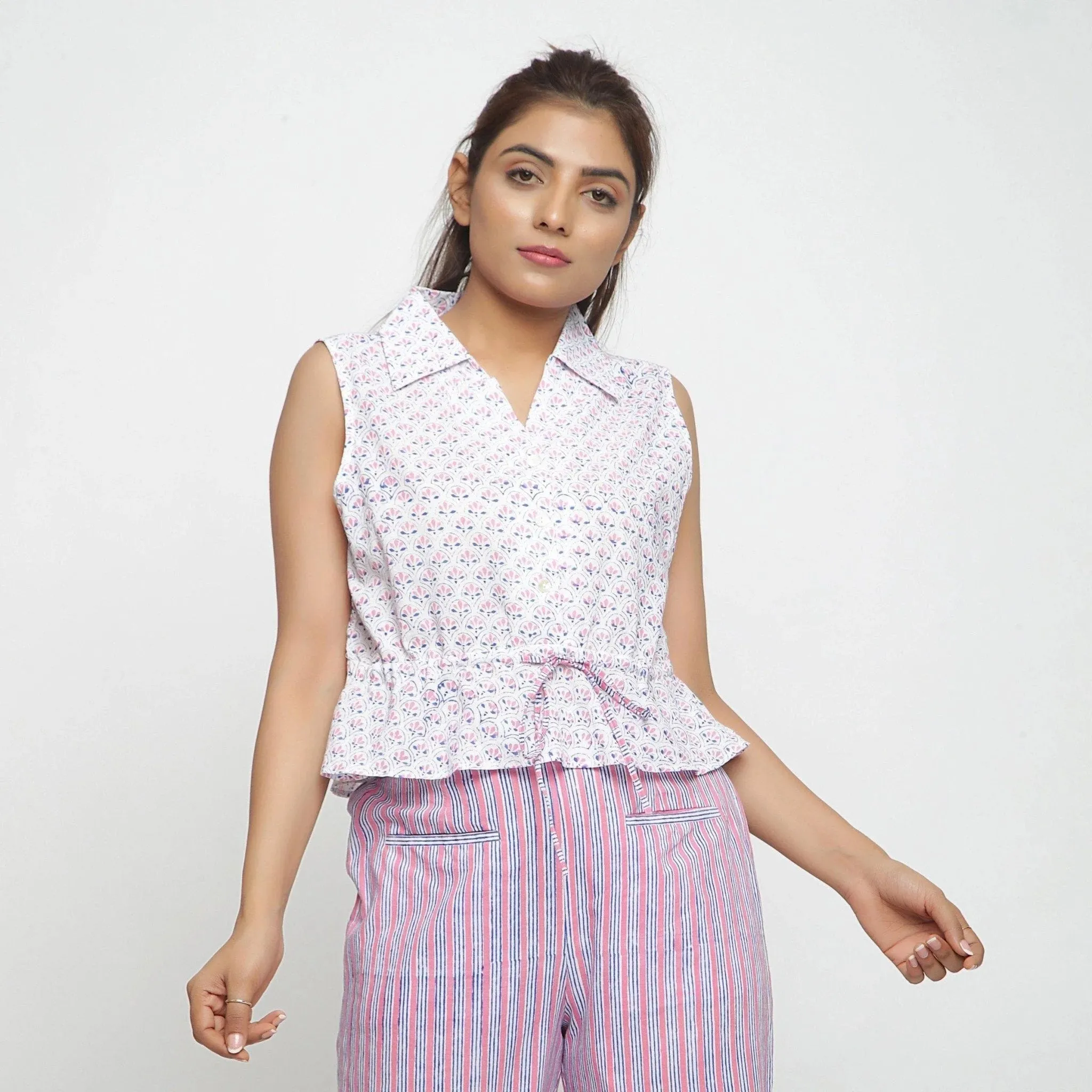 White Floral Block Printed Cotton Peplum Top