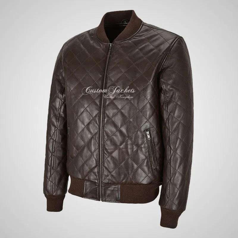 WINGED Mens Leather Quilted Bomber Jacket