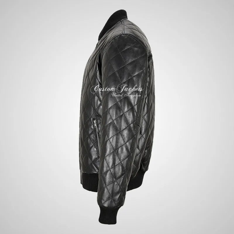 WINGED Mens Leather Quilted Bomber Jacket