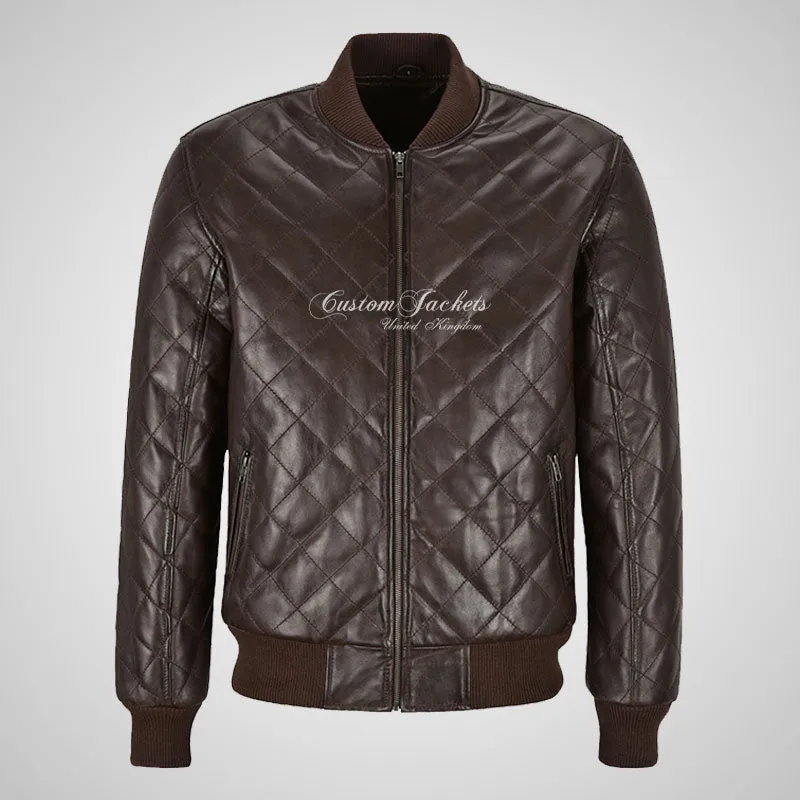 WINGED Mens Leather Quilted Bomber Jacket